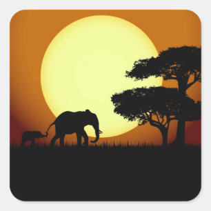 Sticker Carré Les éléphants Safari au coucher du soleil