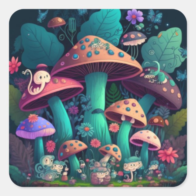 Sticker Carré Les elfes de champignons dans le champ (Devant)