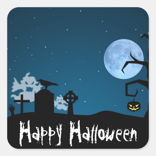 Sticker Carré Les fantômes d'Halloween au cimetière (Devant)