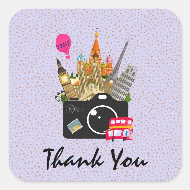Sticker Carré Les monuments européens avec un Merci de caméra (Devant)