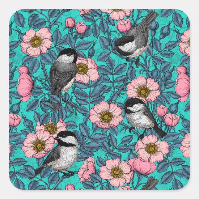 Sticker Carré Les poulets dans la nature rose, rose et bleu (Devant)