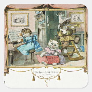 Sticker Carré Les trois petits chatons à la maison
