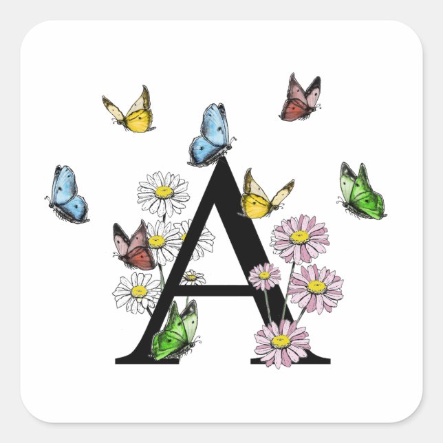 Sticker Carré Lettre A Monogramme Papillon Floral Initial   (Devant)