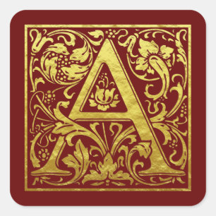 Sticker Carré Lettre A Première lettre Faux Gold et Red