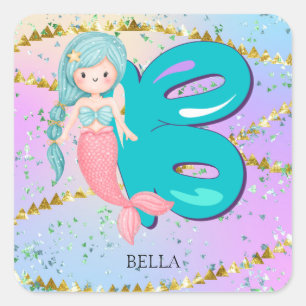 Sticker Carré Lettre B Monogramme Aquarelle mignonne Sirène