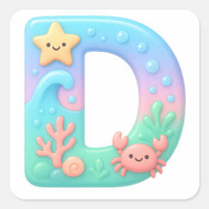 Sticker Carré Lettre bulles mignonne "D" - Créature marine sous-