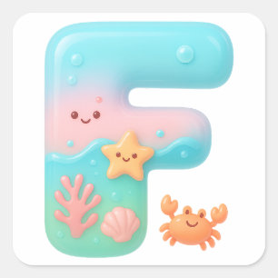 Sticker Carré Lettre bulles mignonne "F" - Créature marine sous-