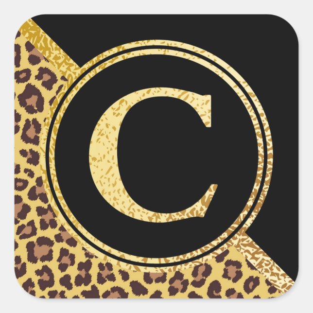 Sticker Carré Lettre C Monogramme Empreinte de léopard or et noi (Devant)