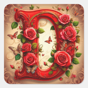 Sticker Carré Lettre D rouge élégante par Roses et Papillon
