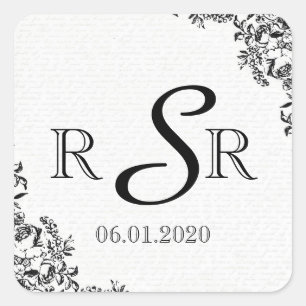 Sticker Carré Lettre d'amour Rose noir Monogramme Mariage