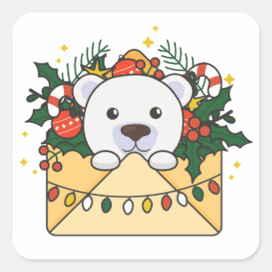 Sticker Carré Lettre de Noël Ours polaire Animaux d'hiver Polar