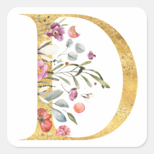 Sticker Carré Lettre d'or D avec fleurs