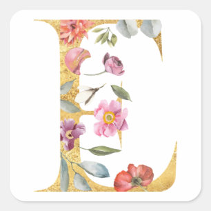 Sticker Carré Lettre E en or avec des fleurs