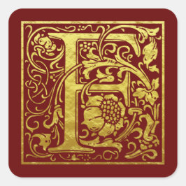 Sticker Carré Lettre F Première Lettre Faux Or Rouge