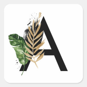 Sticker Carré LETTRE Feuille Tropicale Faux Gold Foil A Monogram