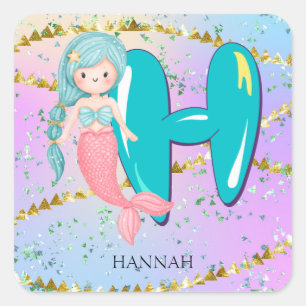 Sticker Carré Lettre H Monogramme Aquarelle mignonne Sirène