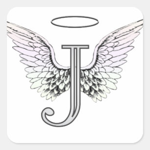 Sticker Carré Lettre J Monogramme initial avec ailes angéliques