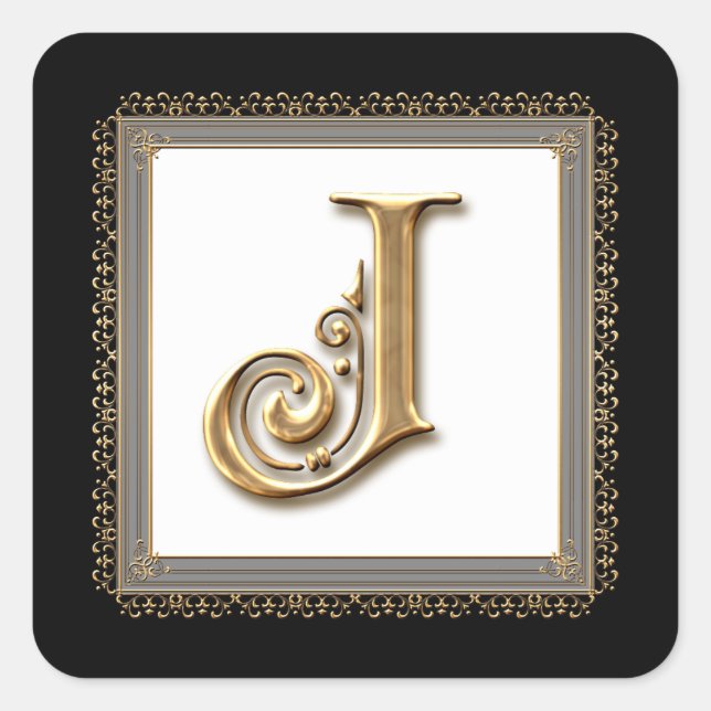 Sticker Carré Lettre J - Sceau Mariage classique or & dentelle (Devant)
