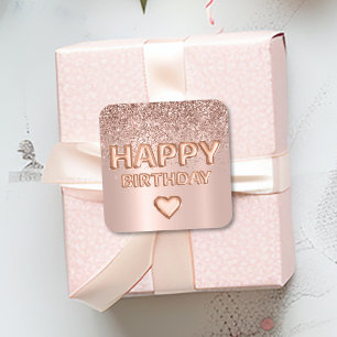 Sticker Carré LETTRE JOYEUSE ANNIVERSAIRE BALLON Rose Gold Heart