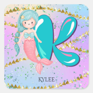 Sticker Carré Lettre K Monogramme Aquarelle mignonne Sirène