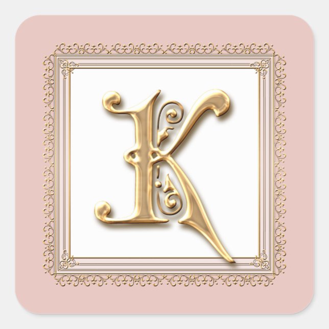Sticker Carré Lettre K - Sceau Mariage classique or & dentelle (Devant)