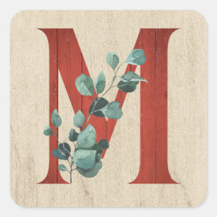 Sticker Carré LETTRE M EN BOIS rustique ET Eucalyptus