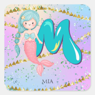 Sticker Carré Lettre M Monogramme Aquarelle mignonne Sirène