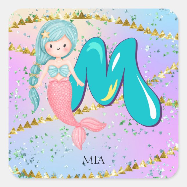 Sticker Carré Lettre M Monogramme Aquarelle mignonne Sirène (Devant)