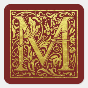 Sticker Carré Lettre M Première Lettre Faux Gold Rouge
