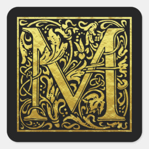 Sticker Carré Lettre M Première Lettre Faux Or Noir