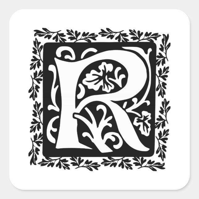 Sticker Carré Lettre médiévale R Monogramme noir et blanc (Devant)