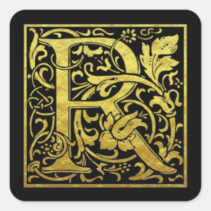 Sticker Carré Lettre R Première Lettre Faux Gold Black