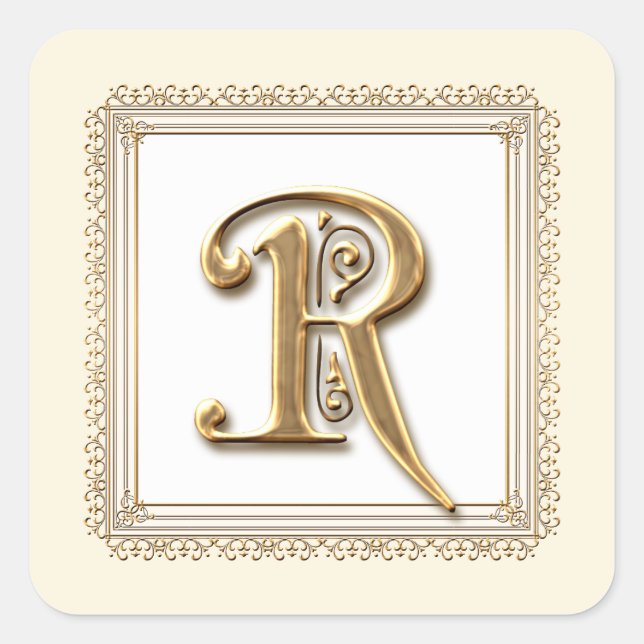 Sticker Carré Lettre R - Sceau Mariage classique or & dentelle (Devant)