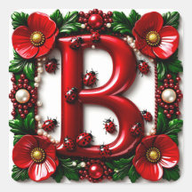 🐞 Lettre Rouge B Coccinelles Pavots Perles