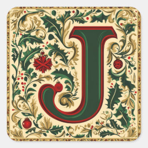 Sticker Carré Lettre rouge de Noël J avec verdure et or