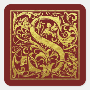 Sticker Carré Lettre S Première Lettre Faux Gold Rouge