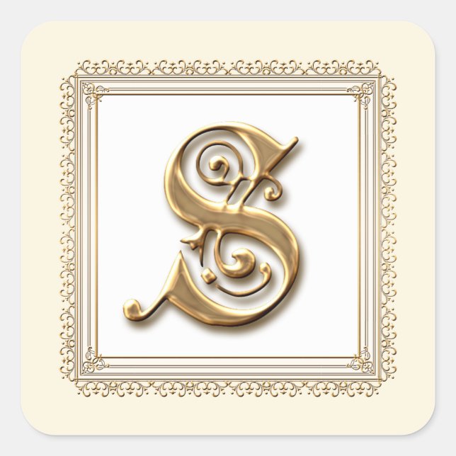 Sticker Carré Lettre S - Sceau Mariage classique or & dentelle (Devant)