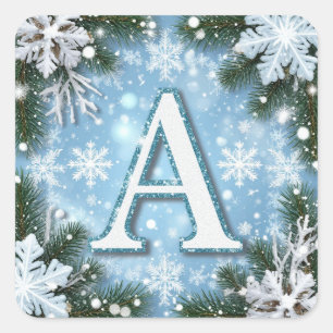Sticker Carré 🎄 Lettre scintillante A Monogramme Flocon de Noël