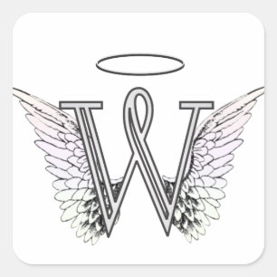 Sticker Carré Lettre W Monogramme initial avec ailes angéliques 