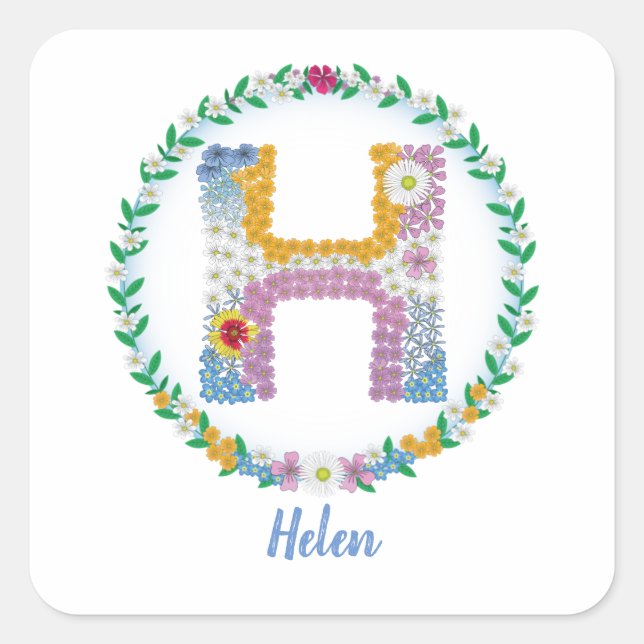Sticker Carré Lettres de fleurs "H" initiales avec nom personnal (Devant)