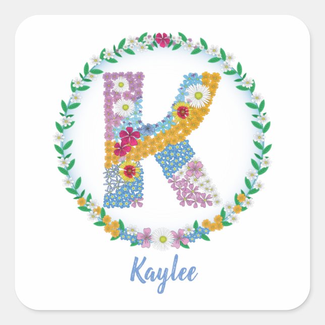 Sticker Carré Lettres de fleurs Initiale "K" avec nom personnali (Devant)