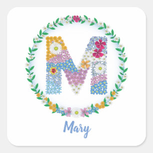 Sticker Carré Lettres de fleurs "M" initiales avec nom personnal