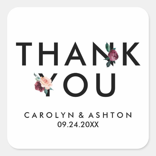 Sticker Carré Lettres de fleurs | Maroon Merci mariage Faveur (Devant)