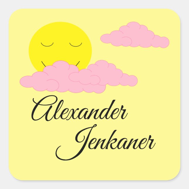 Sticker Carré Lever de soleil jaune avec 3 nuages roses : (Devant)