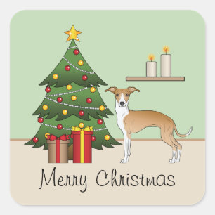 Sticker Carré Lévrier Italien Fauve Et Blanc & Sapin De Noël