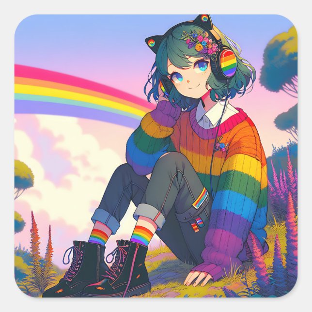 Sticker Carré LGBTQIA+ Anime Girl Lesbian Pride (Devant)
