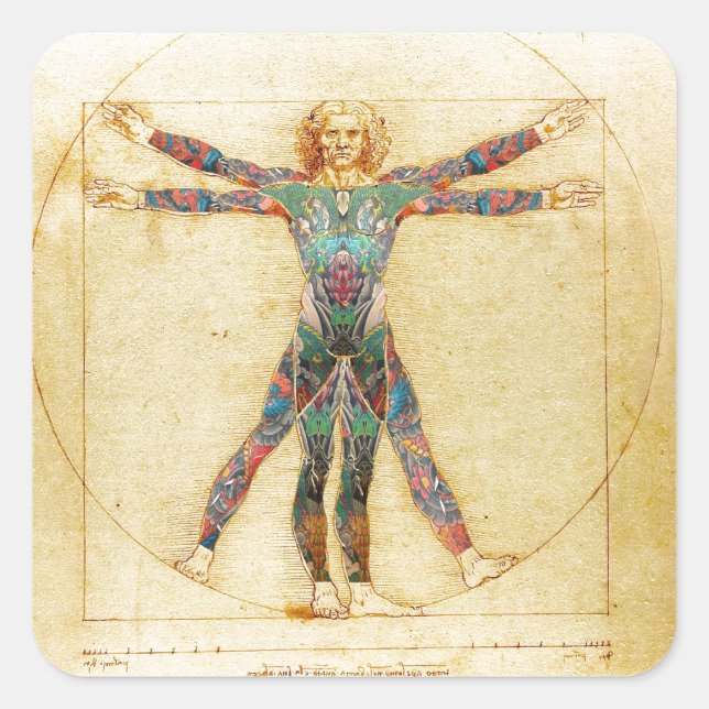 Sticker Carré L'homme vitruvien de Da Vinci avec tatouages (Devant)