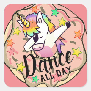 Sticker Carré Licorne Arc-en-Ciel Dab Danse Pose Donut Rose Pêch