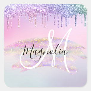 Sticker Carré Licorne arc-en-ciel ombrée pailletée rose monogram