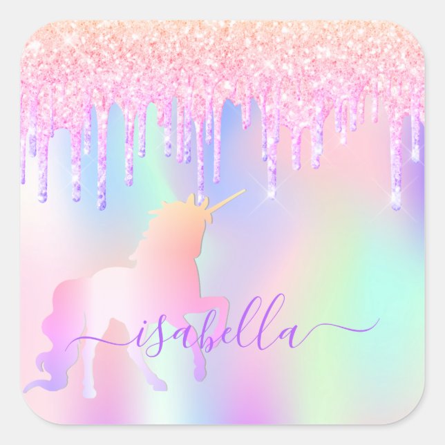 Sticker Carré Licorne pailletée rose irisée or rose anniversaire (Devant)